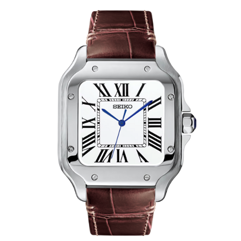 Seitos watch with brown leather strap on a white background